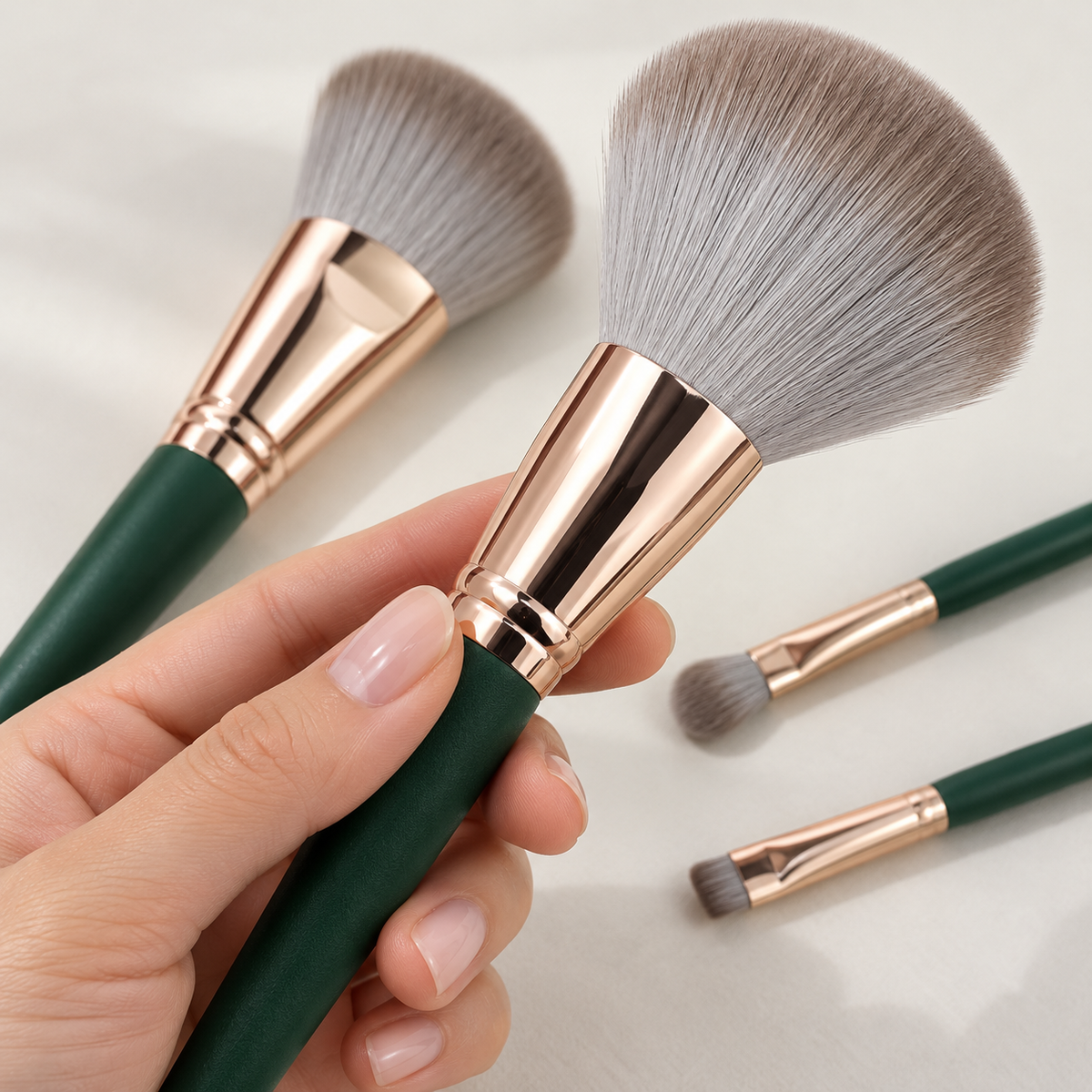 Set de brochas de maquillaje — vista de detalle. Selección de brochas del set; sin estuche.