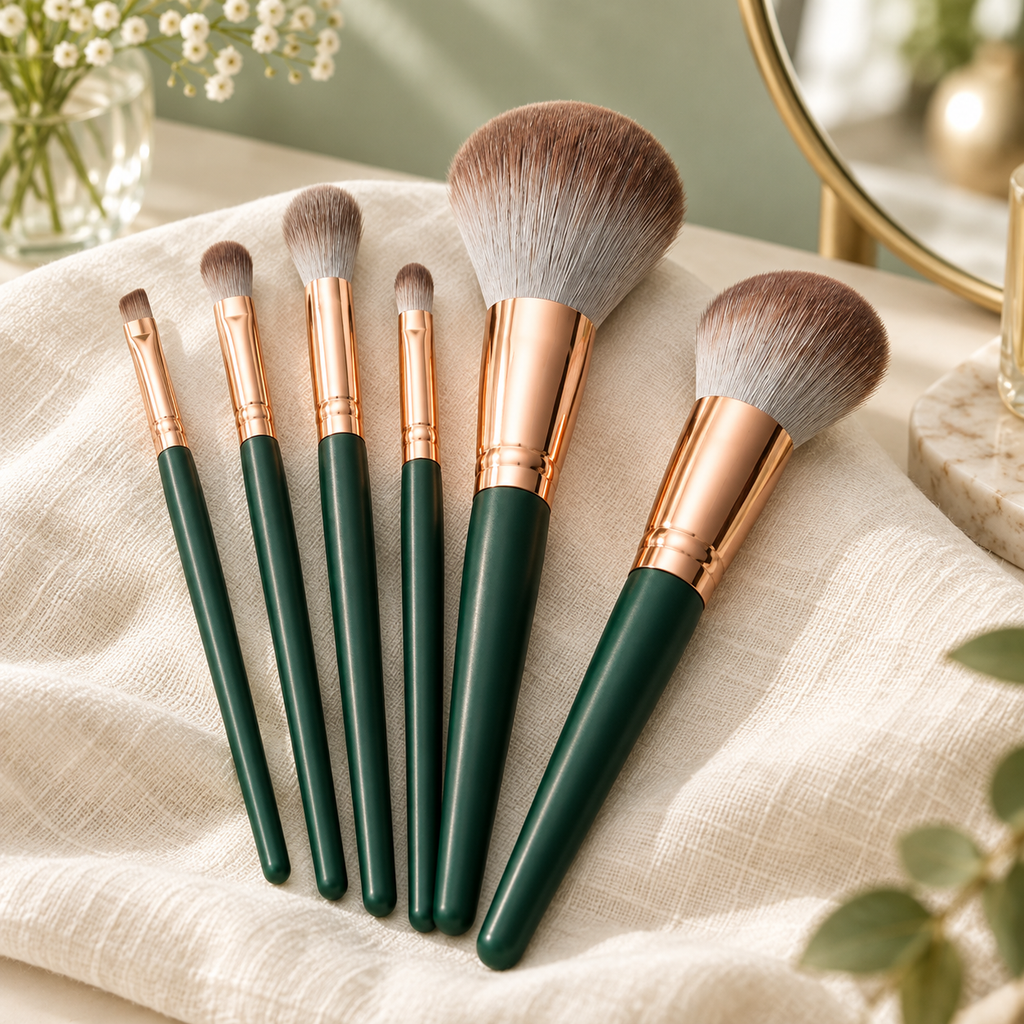 Set de brochas de maquillaje en ambiente de hogar — Vendalia