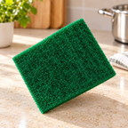 Fibra verde abrasiva para limpieza de cocina · Paquete de 10 piezas en ambiente de hogar — Vendalia. La fotografía muestra una pieza de ejemplo del paquete de 10.