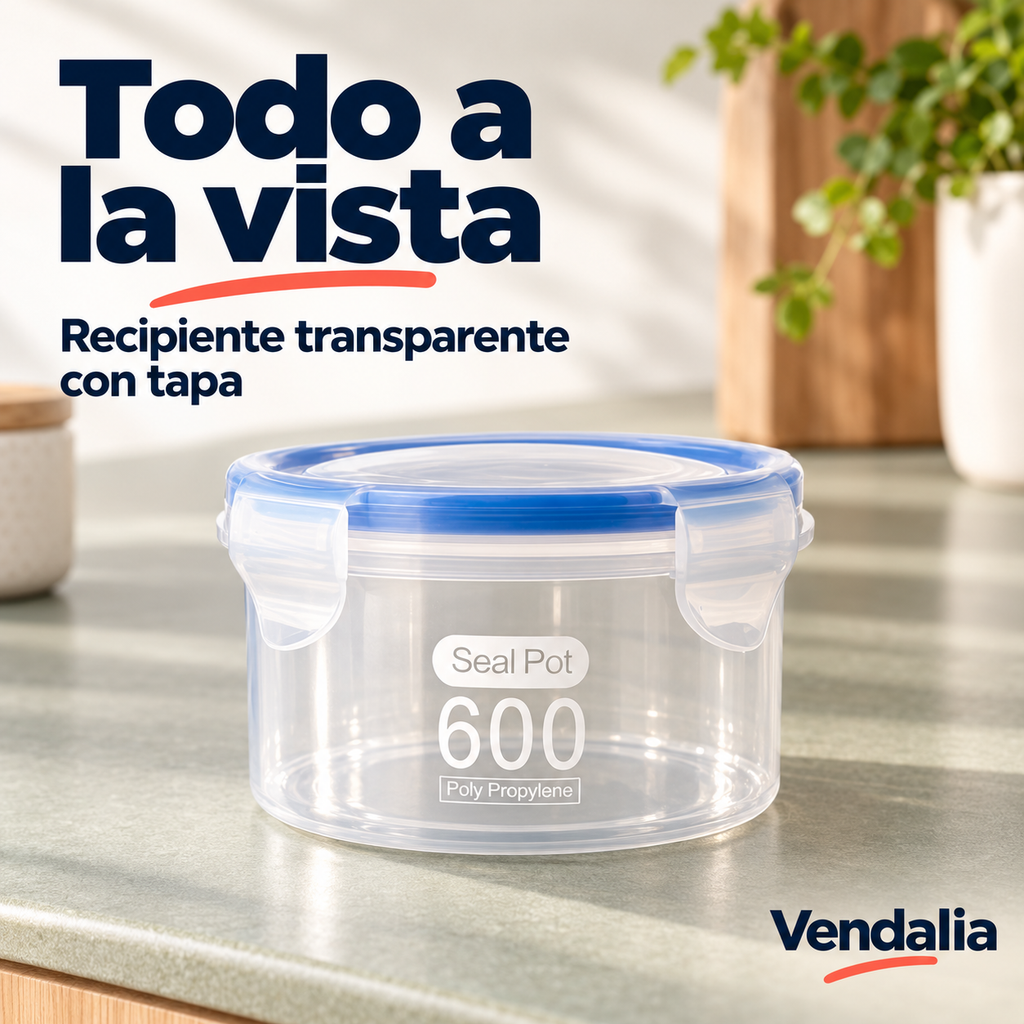 Recipiente transparente modelo 400 ml con impresión 600 — portada Vendalia. Capacidad exacta pendiente de confirmación.