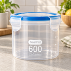 Recipiente Hermético Transparente 400 ml — vista ambientada. La inscripción del envase difiere de la capacidad anunciada; capacidad exacta pendiente de confirmación. Alimentos no incluidos.