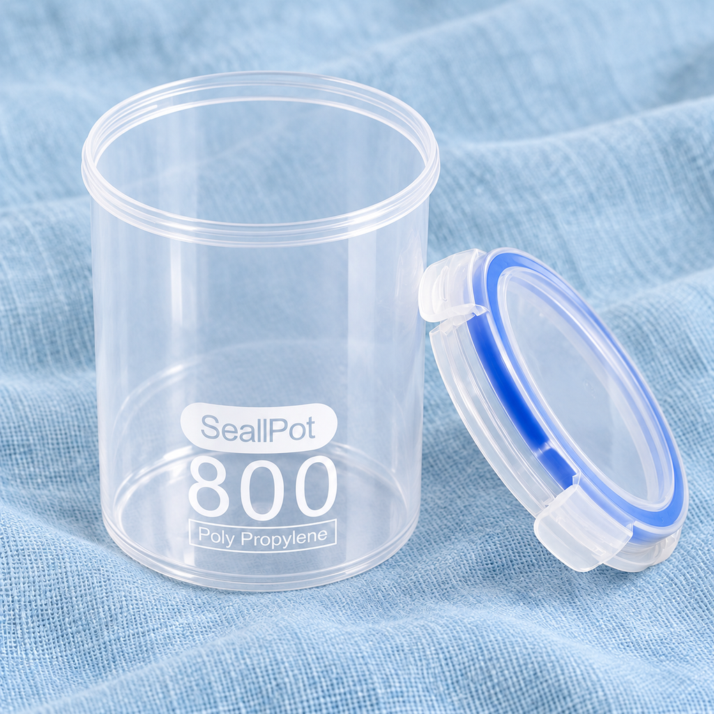Recipiente transparente modelo 500 ml con impresión 800 — vista de detalle. Capacidad exacta pendiente de confirmación.