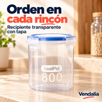 Recipiente transparente modelo 500 ml con impresión 800 — portada Vendalia. Capacidad exacta pendiente de confirmación.