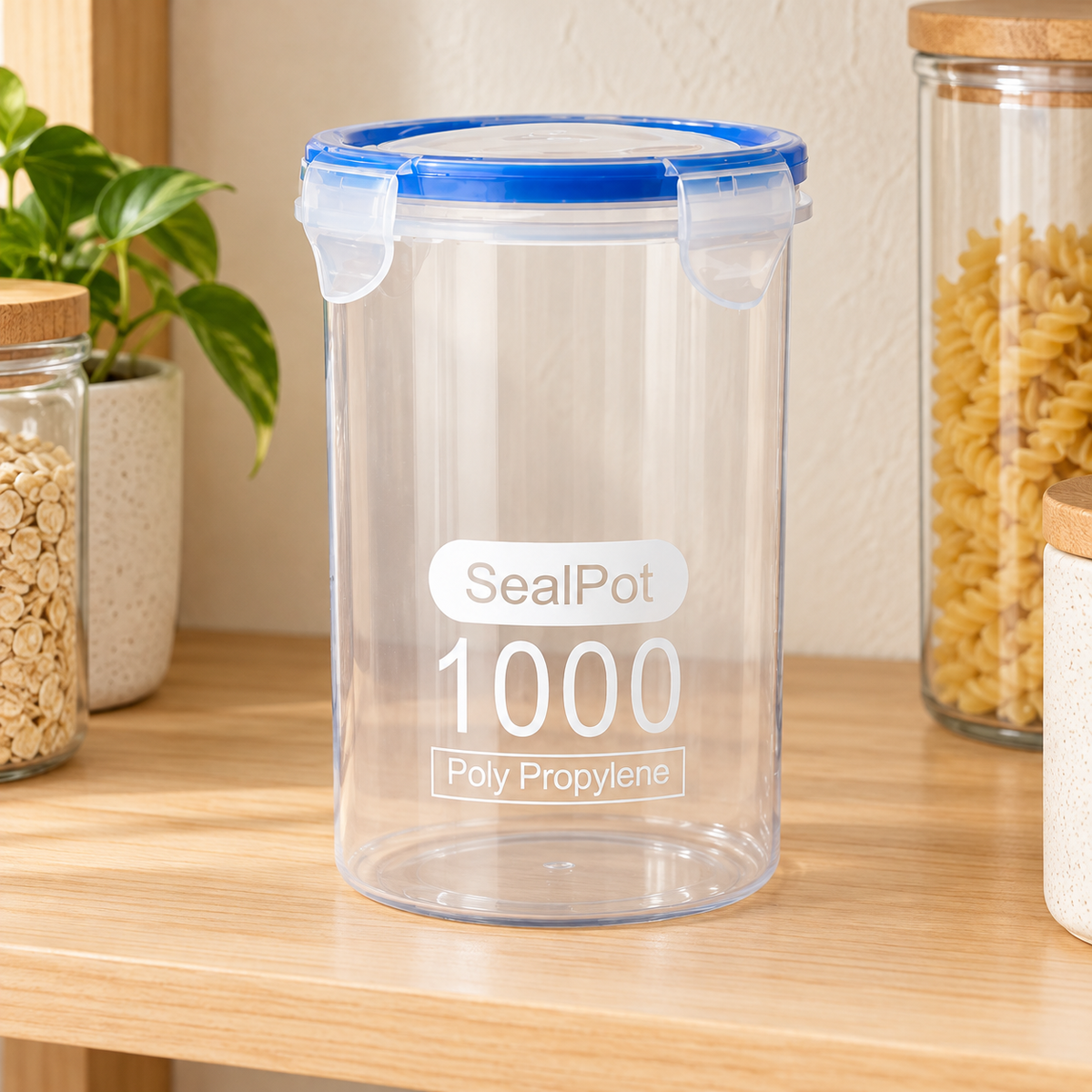 Recipiente Hermético Transparente 700 ml — vista ambientada. La inscripción del envase difiere de la capacidad anunciada; capacidad exacta pendiente de confirmación. Alimentos no incluidos.