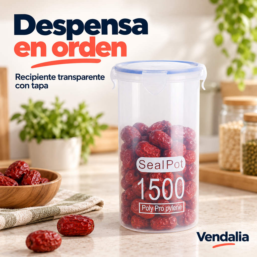 Recipiente transparente modelo 900 ml — portada Vendalia. Capacidad exacta pendiente de confirmación.