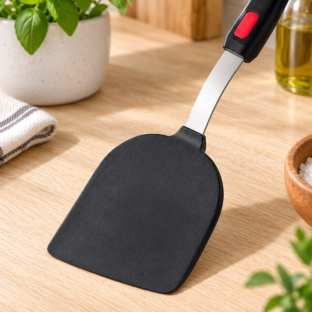 Detalle de la pala negra y mango de la espátula de cocina — Vendalia