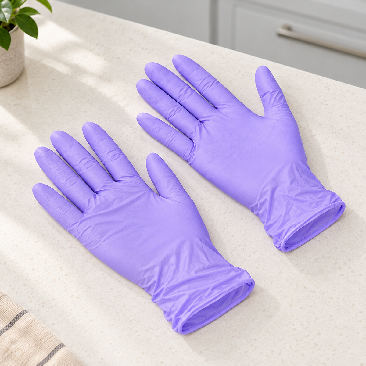 Guantes Desechables Multiusos de látex, Lila Talla L · Paquete de 60 piezas en ambiente de hogar — Vendalia. La fotografía muestra dos guantes como ejemplo. La presentación contiene 60 piezas.