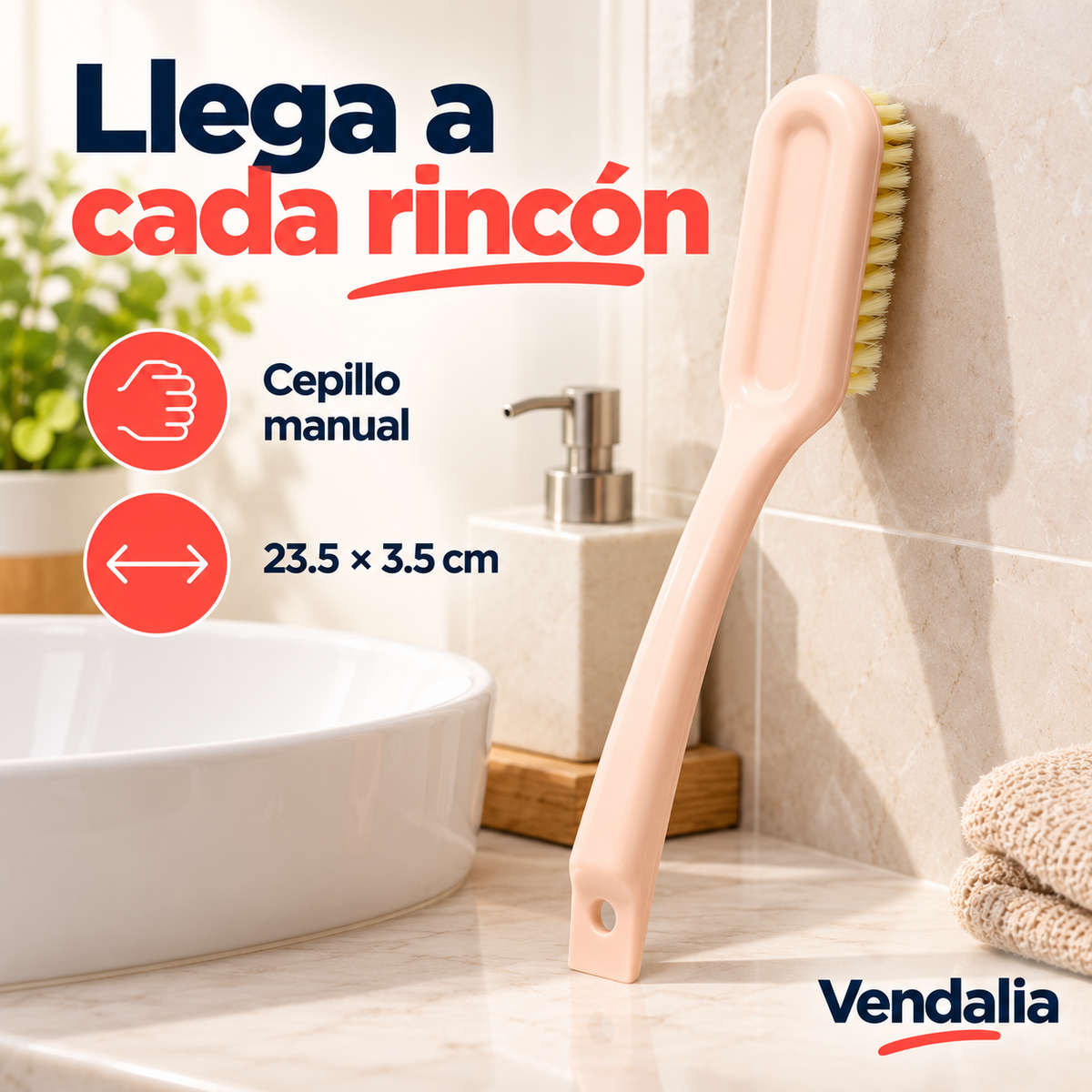 Cepillo manual rosa claro con cerdas amarillas · Vendalia