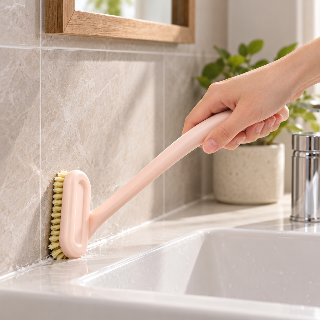Cepillo manual de muestra en uso junto al lavabo · Vendalia