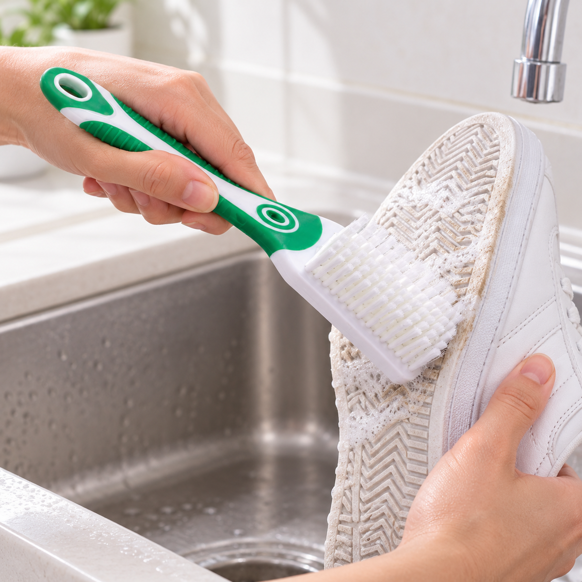 Cepillo manual verde y blanco en uso sobre una suela · Vendalia