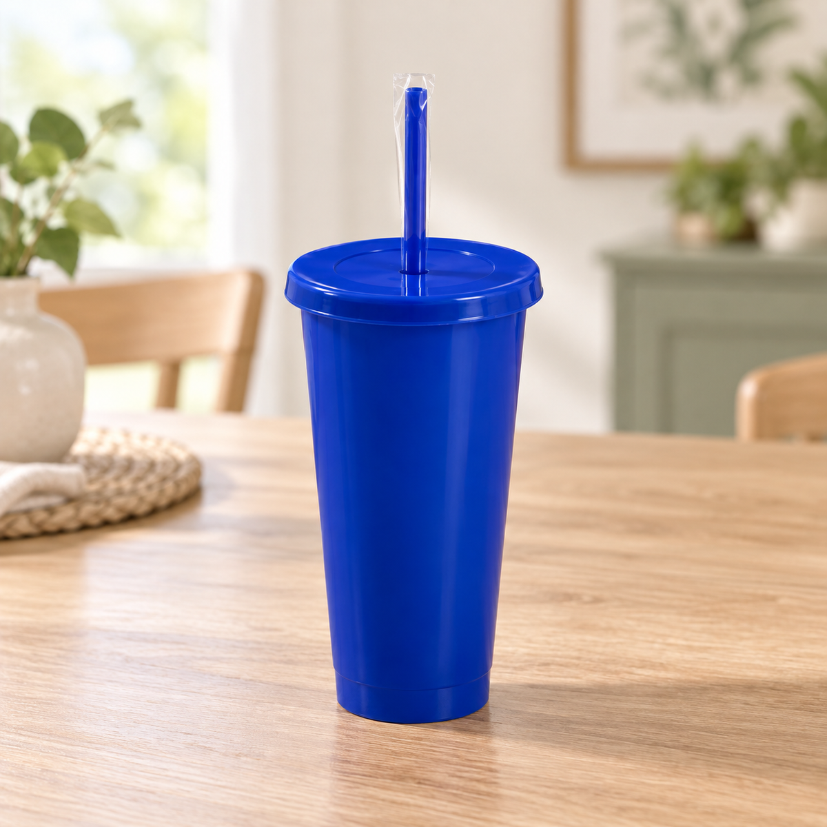 Vasos de plástico reutilizables con tapa y popote · Paquete de 10 piezas · fotografía ambientada de Vendalia · SKU 53550