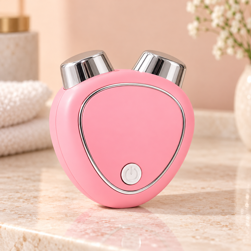 Masajeador facial eléctrico EMS rosa en ambiente de tocador — Vendalia.