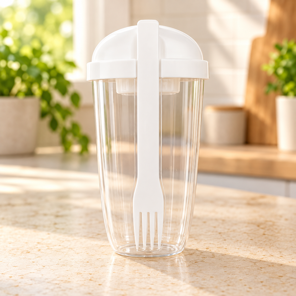 Vaso Mezclador para Ensalada con Tenedor Integrado · fotografía ambientada de Vendalia · SKU 53564