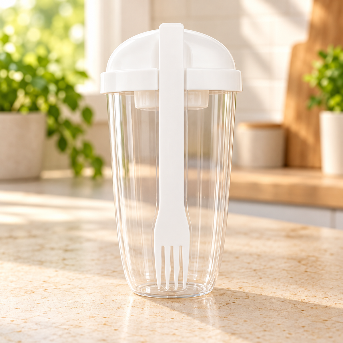 Vaso Mezclador para Ensalada con Tenedor Integrado · fotografía ambientada de Vendalia · SKU 53564