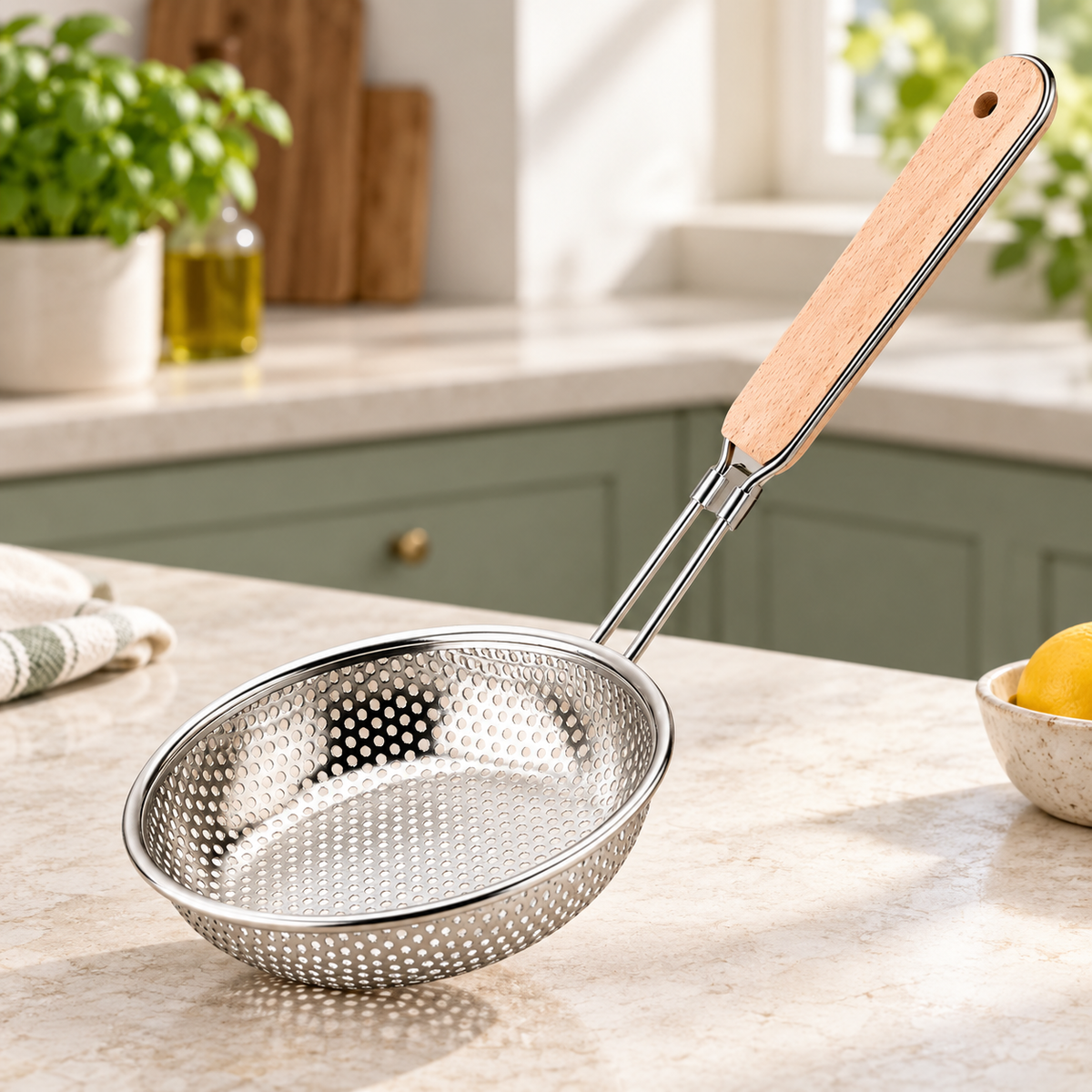 Colador de Acero Inoxidable con Mango en ambiente de hogar — Vendalia
