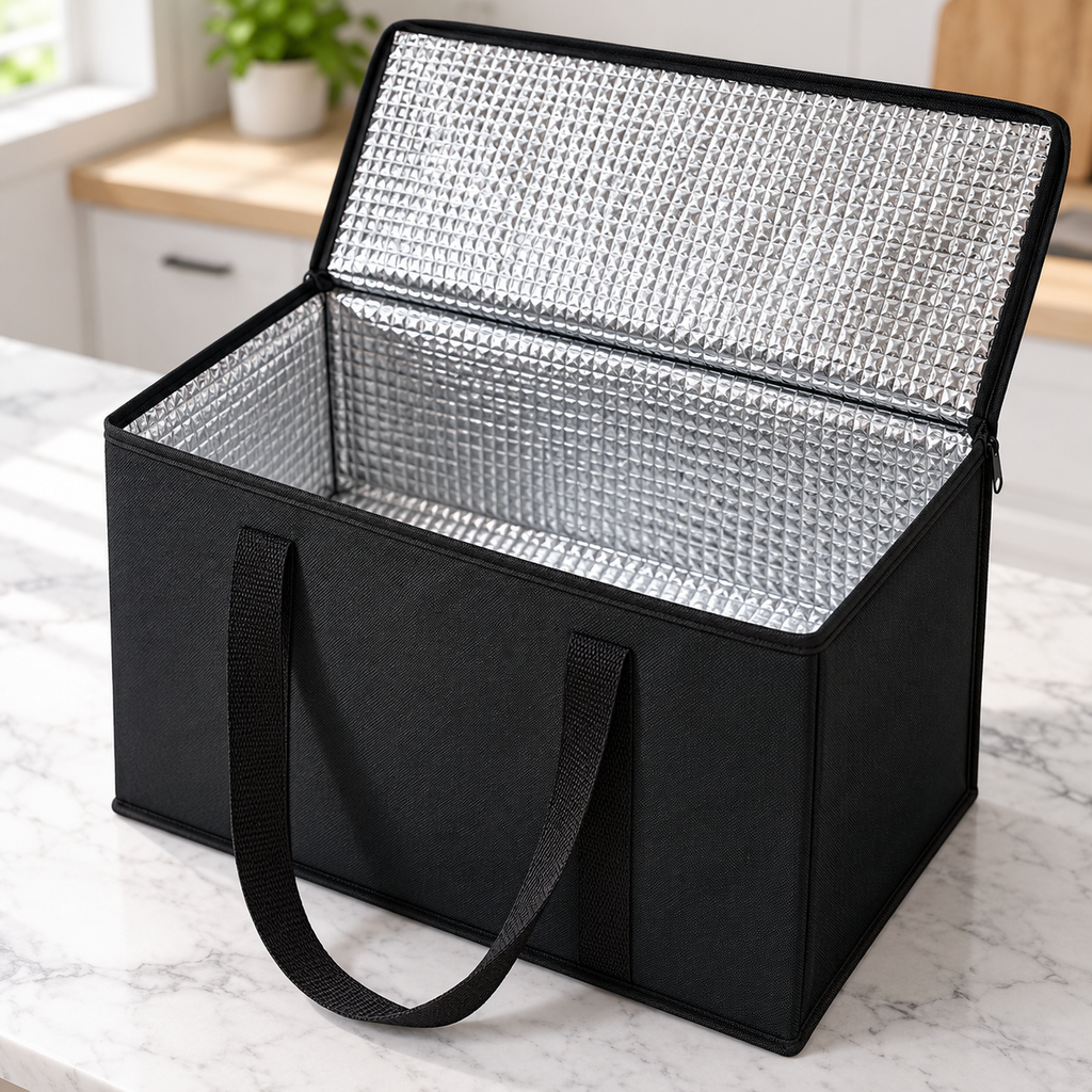 Bolsa térmica reutilizable negra — interior térmico abierto