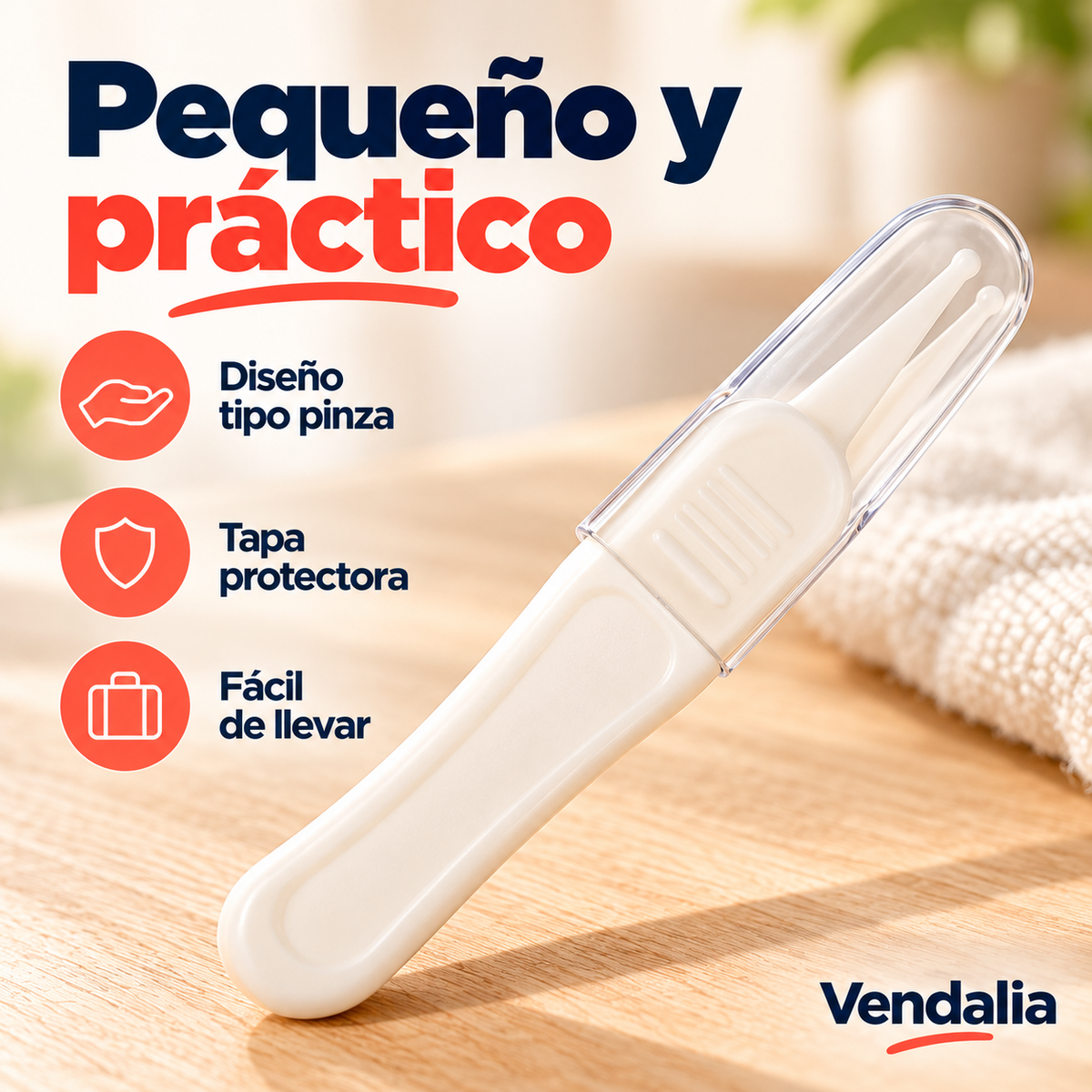 Limpiador nasal blanco tipo pinza con tapa — portada Vendalia