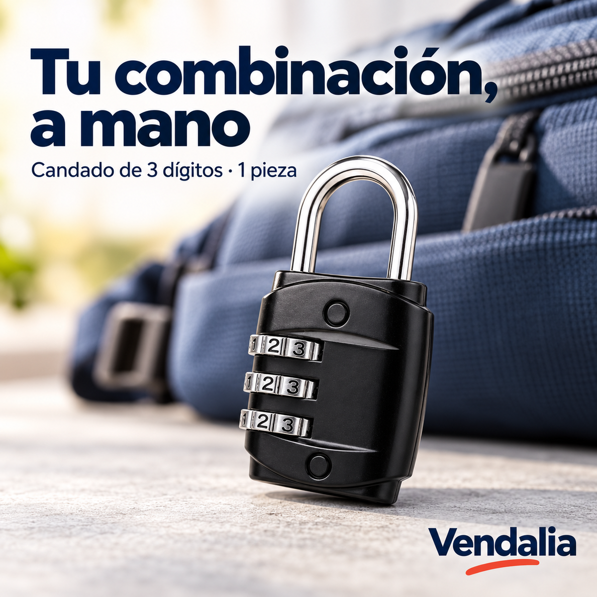 Tu combinación, a mano — Vendalia. Candado de 3 dígitos · 1 pieza