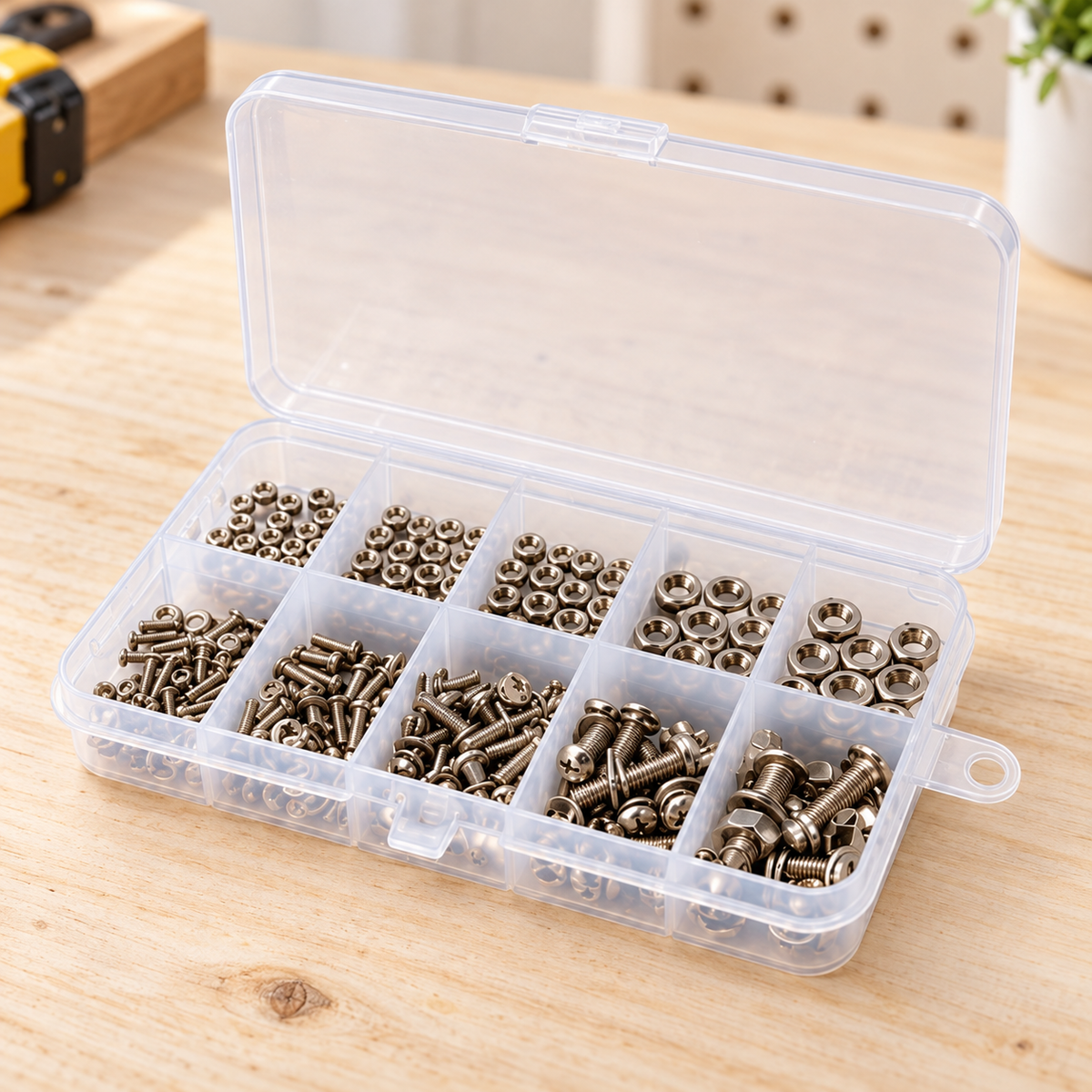 Kit de Tornillos, Tuercas y Arandelas Métricas con Estuche en ambiente de hogar — Vendalia. Los elementos de ambientación fuera del estuche no están incluidos.