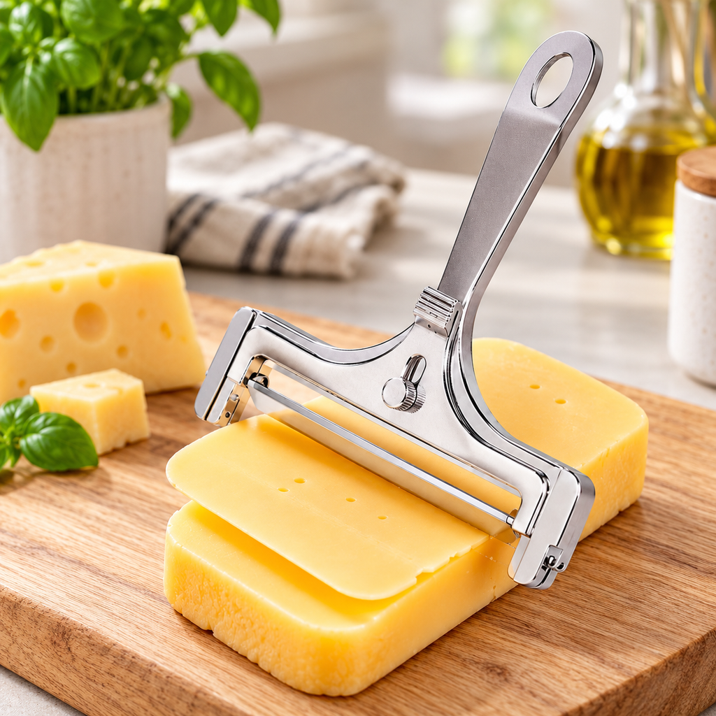 Rebanador de Queso y Mantequilla de Acero Inoxidable en ambiente de hogar — Vendalia. Los alimentos y accesorios de ambientación no están incluidos.