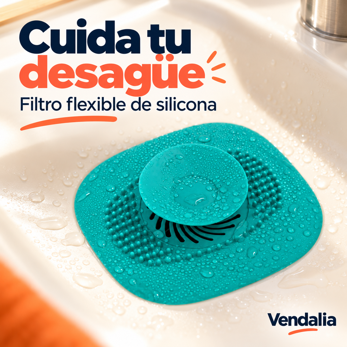 Filtro verde turquesa de silicona para desagüe, portada Vendalia