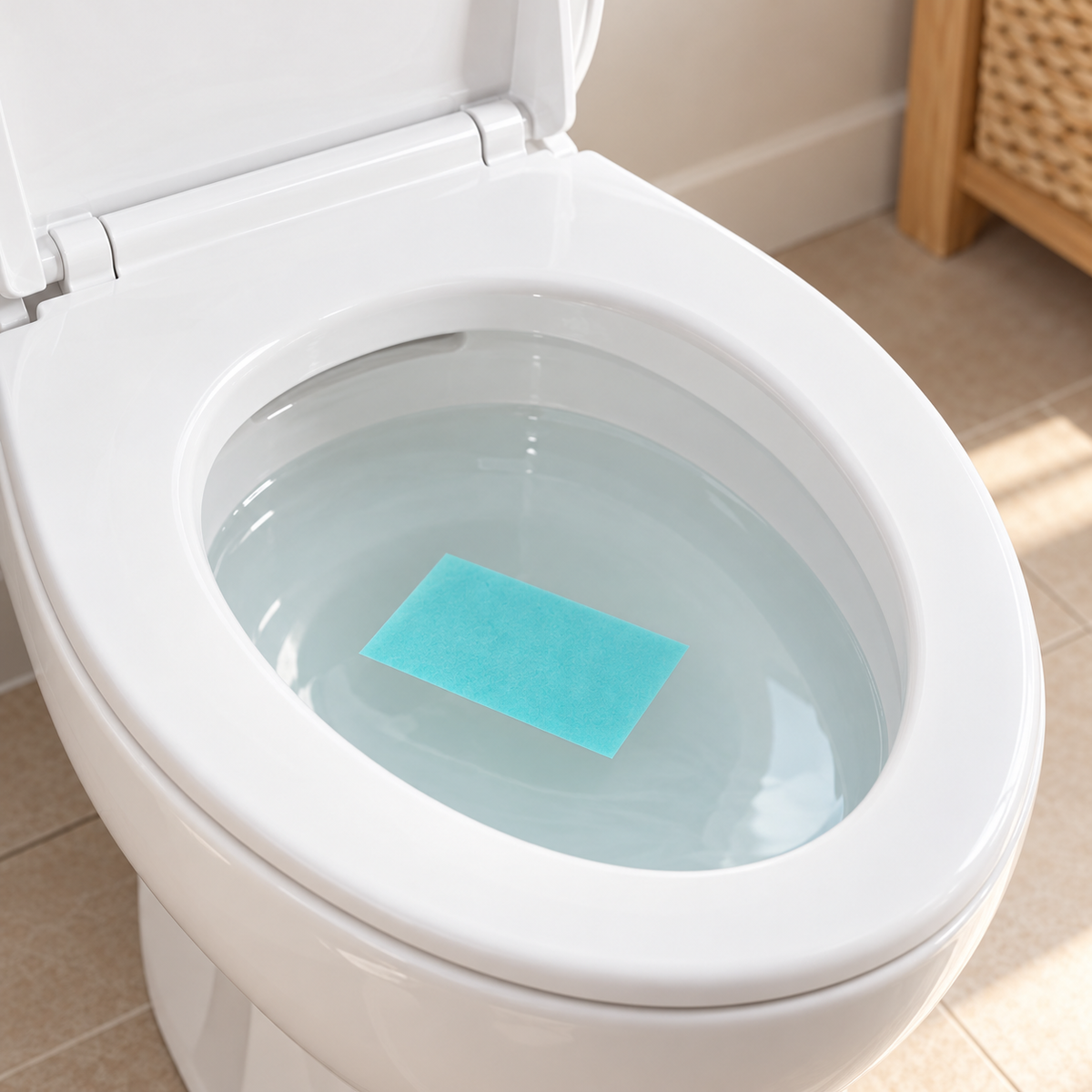 Hoja soluble azul de muestra sobre el agua del inodoro · Vendalia