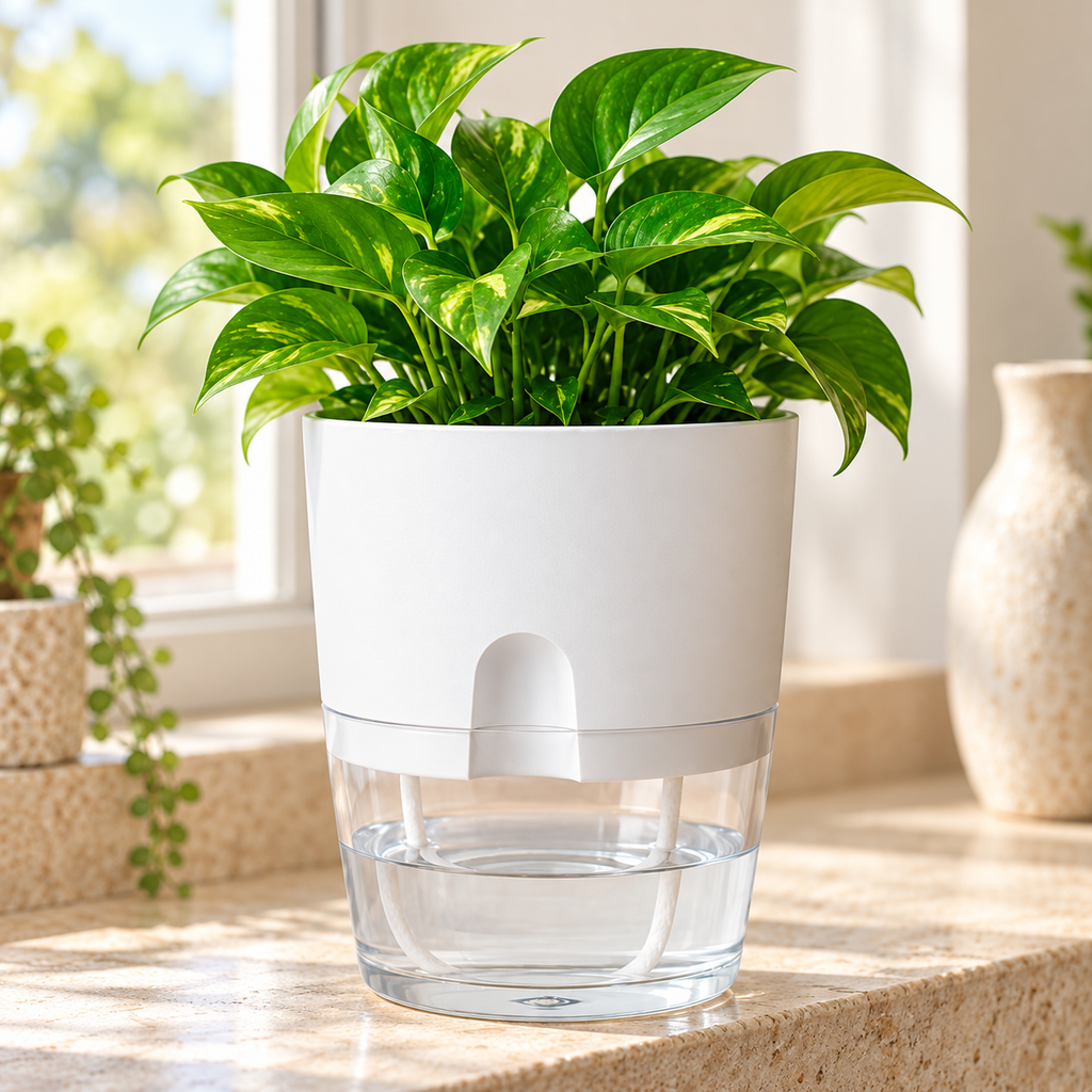 Maceta Autorriego 26 cm en ambiente de hogar — Vendalia. La fotografía muestra una sugerencia de uso. La planta, las flores y los objetos decorativos no están incluidos.