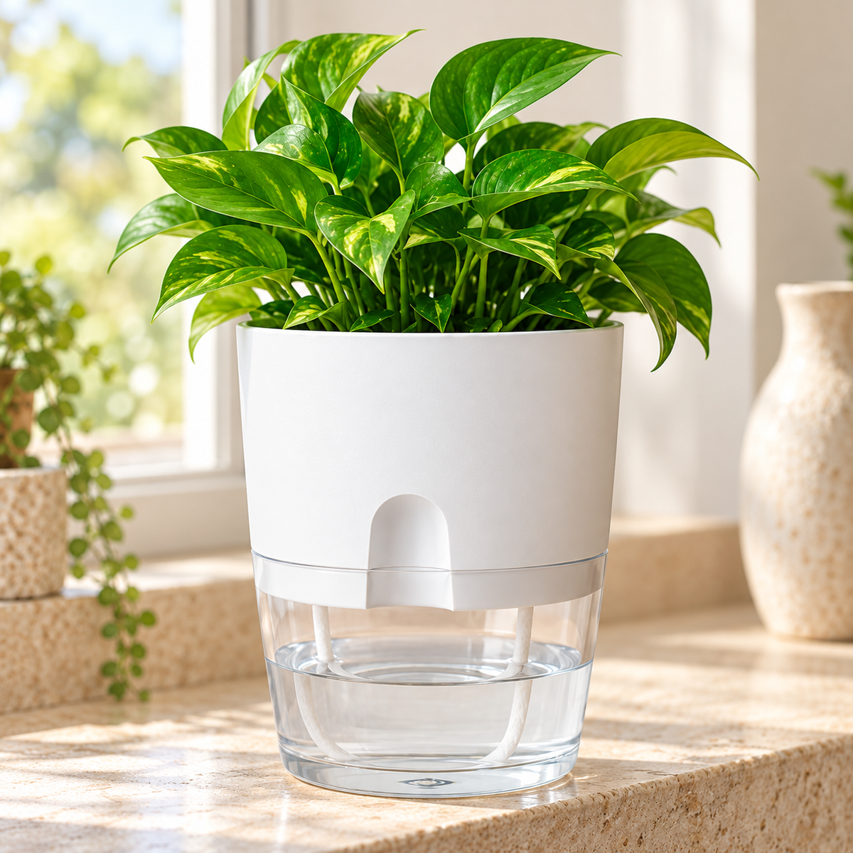 Maceta Autorriego 26 cm en ambiente de hogar — Vendalia. La fotografía muestra una sugerencia de uso. La planta, las flores y los objetos decorativos no están incluidos.