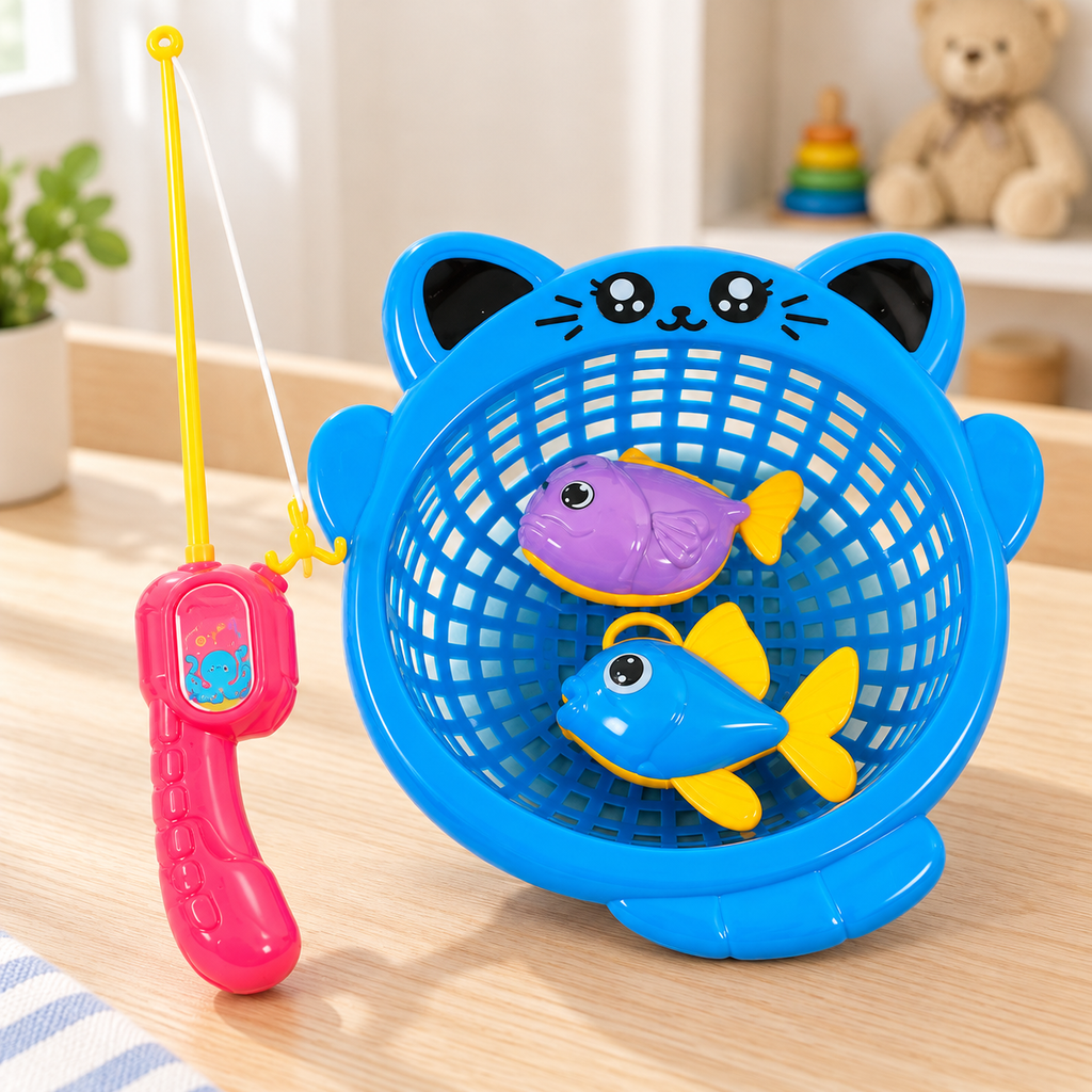 Juego de Pesca Infantil con Caña y canasta en ambiente de hogar — Vendalia. Fotografía de detalle de la canasta, caña y dos peces; no muestra todos los accesorios. El color se envía al azar, según disponibilidad.