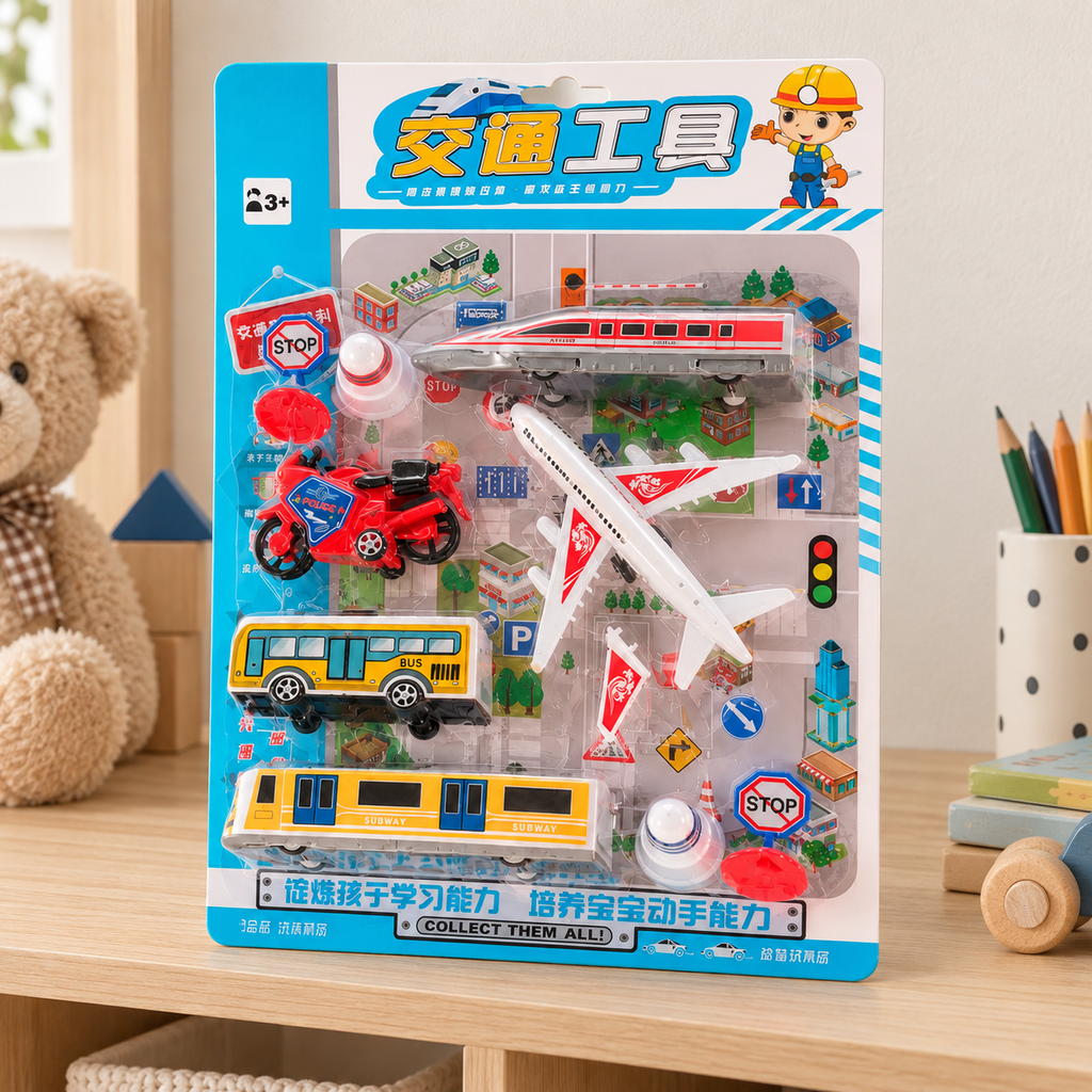 Juego de transporte con avión, tren, autobús en ambiente de hogar — Vendalia