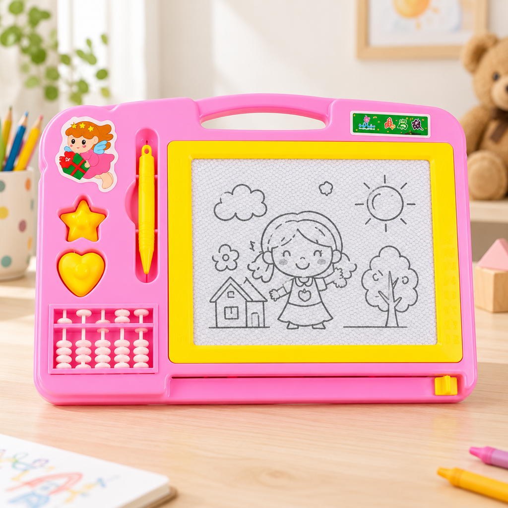 Pizarra mágica de dibujo rosa con lápiz, sellos y ábaco; color de ejemplo, se envía al azar según disponibilidad — Vendalia