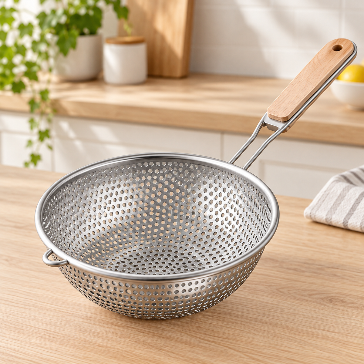 Colador de Acero Inoxidable con Mango 38.5 cm en ambiente de hogar — Vendalia