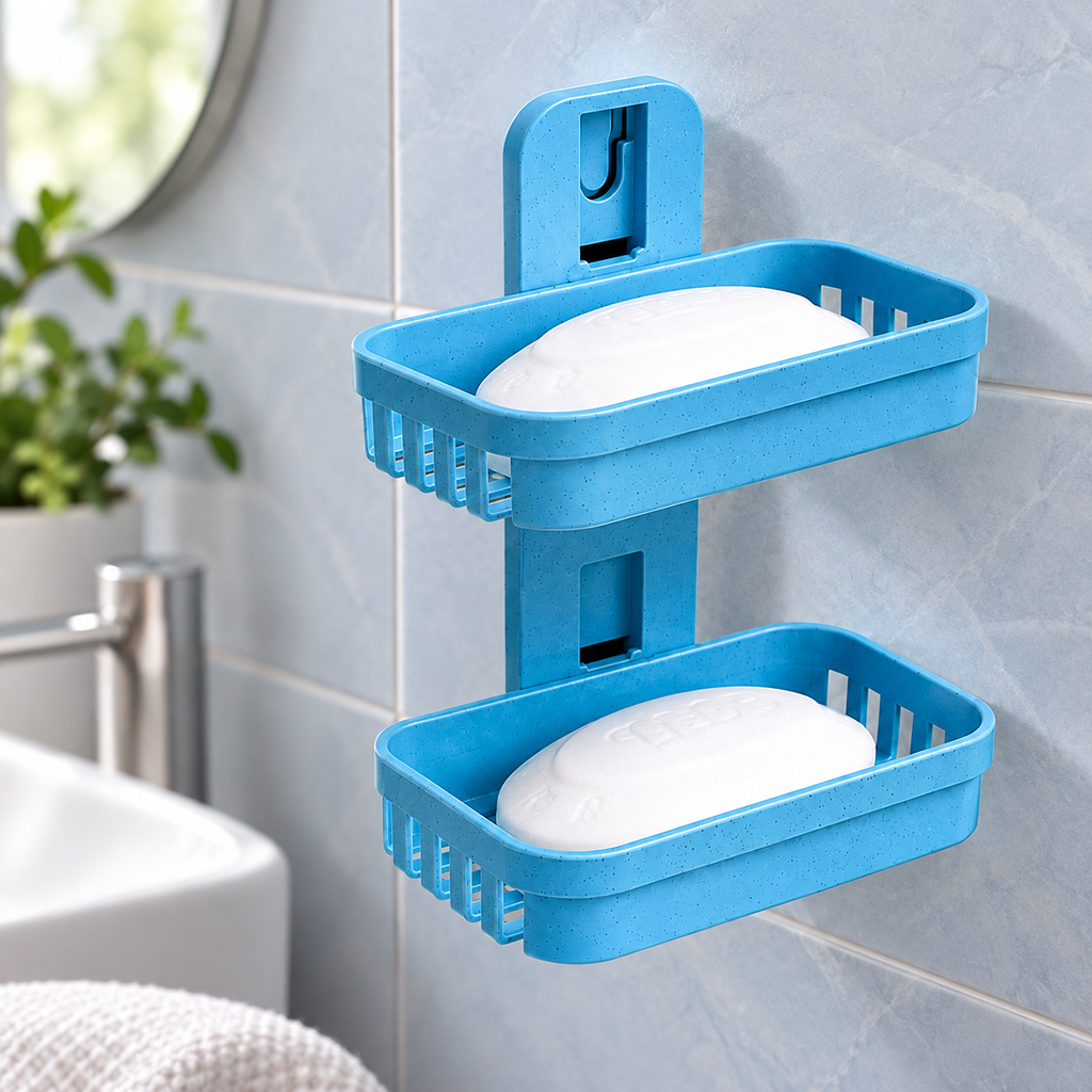Jabonera doble de pared con drenaje — Azul — SKU 53679