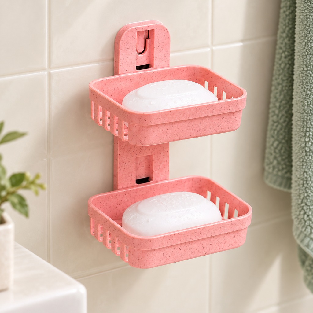 Jabonera Doble de Pared con Drenaje (rosa) en ambiente de hogar — Vendalia. Los jabones se muestran como ambientación y no están incluidos.