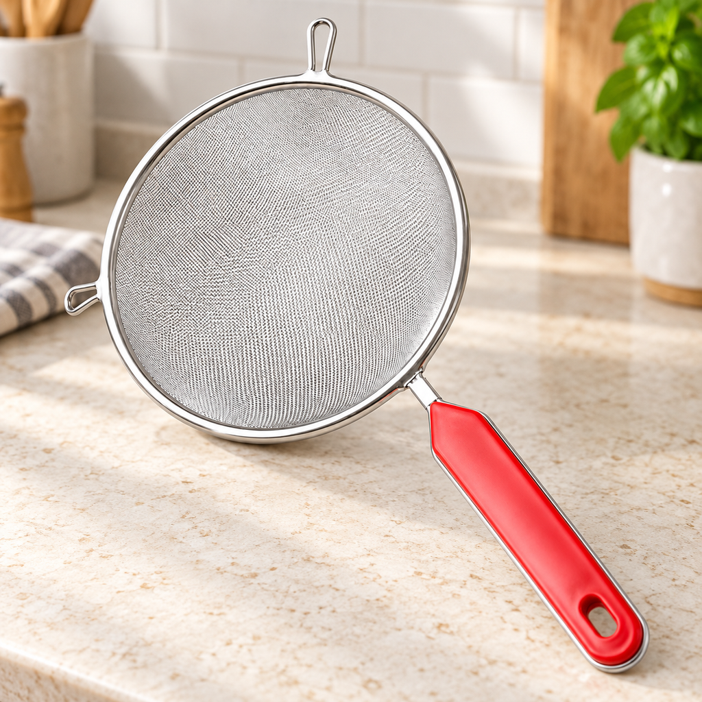 Colador de Acero Inoxidable con mango plástico en ambiente de hogar — Vendalia