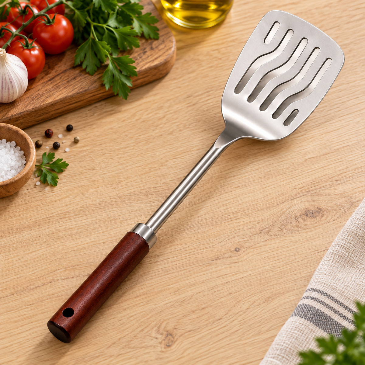Espátula de Cocina de Acero Inoxidable en ambiente de hogar — Vendalia