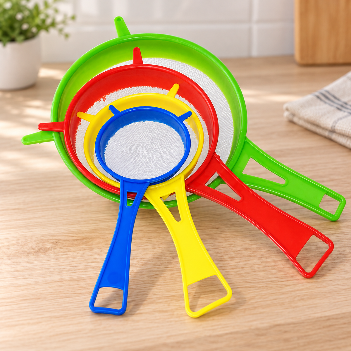 Set de coladores de plástico en ambiente de hogar — Vendalia