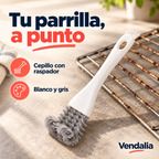 Cepillo blanco con cerdas grises y raspador para parrilla · Vendalia