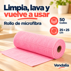 Rollo rosa de microfibra, 50 toallas de 25 × 25 cm — portada Vendalia