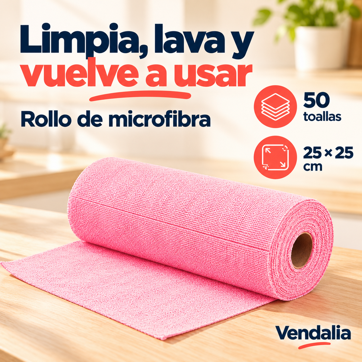 Rollo rosa de microfibra, 50 toallas de 25 × 25 cm — portada Vendalia