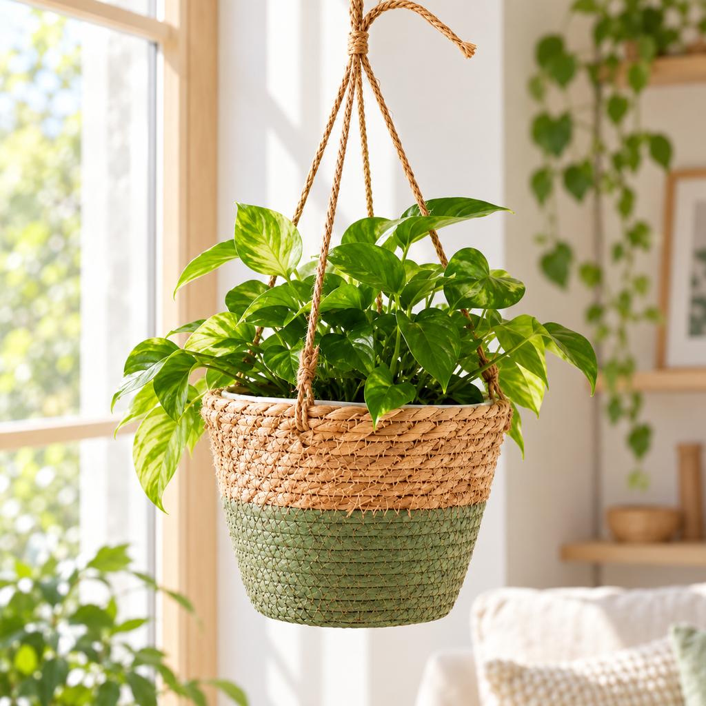 Maceta colgante tejida tipo yute con forro interior en ambiente de hogar — Vendalia. La fotografía muestra una sugerencia de uso. La planta, las flores y los objetos decorativos no están incluidos.