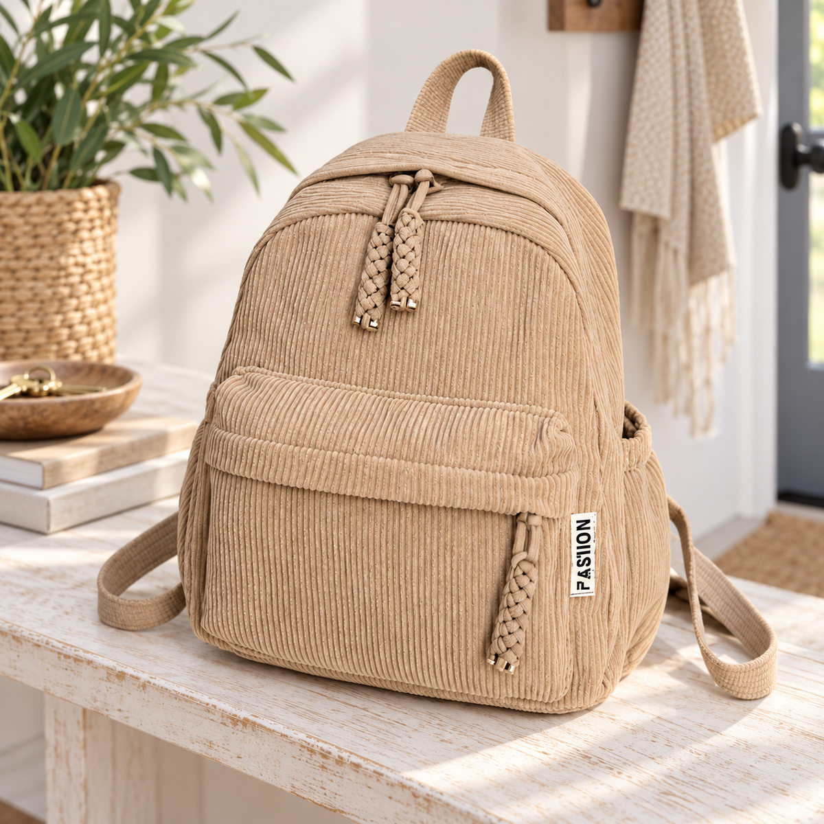 Mochila Casual de Pana Café en ambiente de hogar — Vendalia