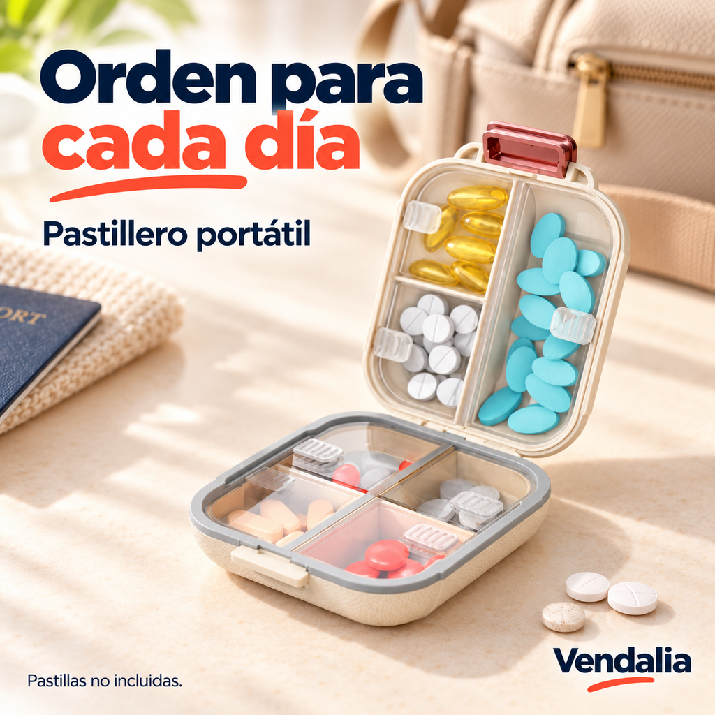 Pastillero portátil abierto con estuche y compartimentos — Vendalia