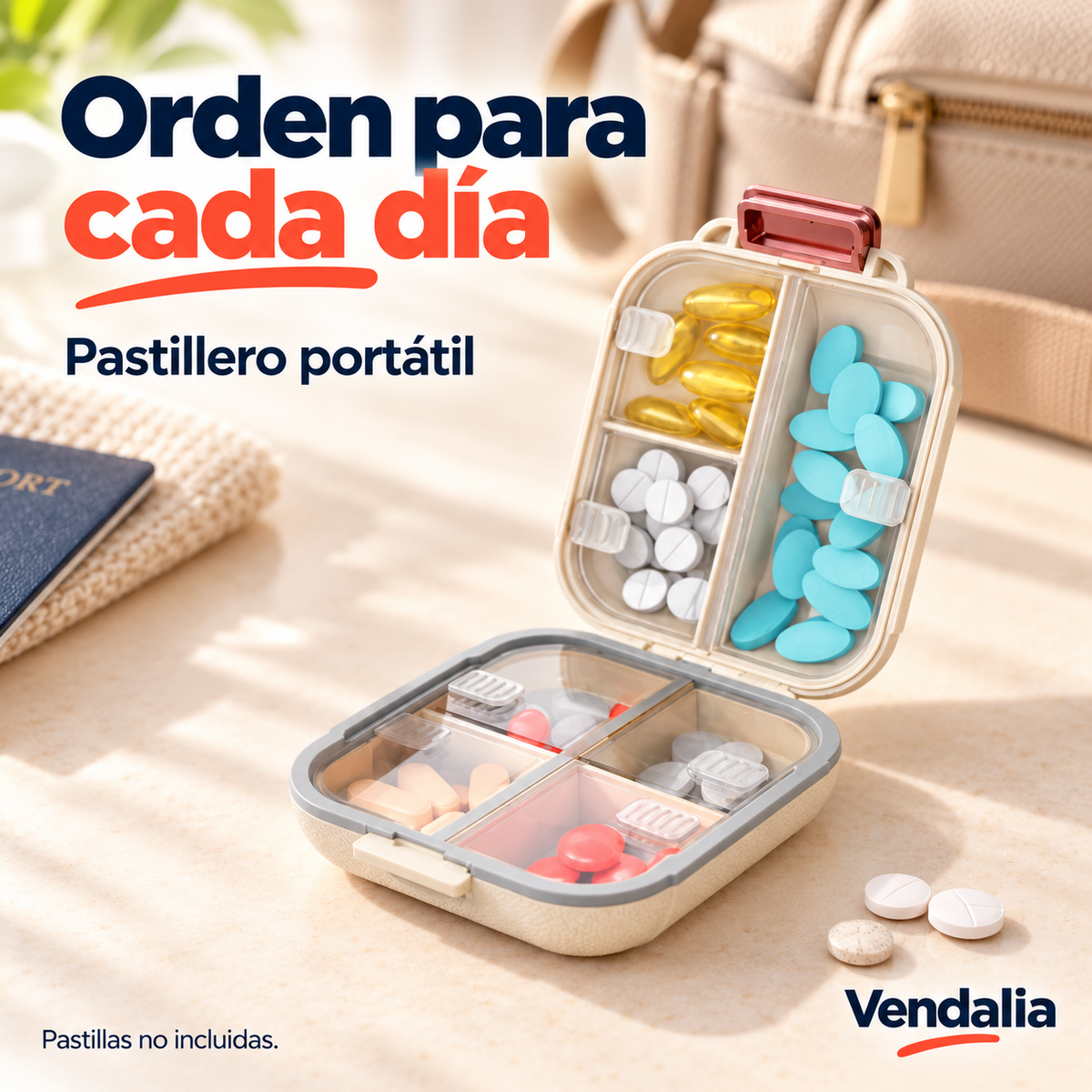 Pastillero portátil abierto con estuche y compartimentos — Vendalia