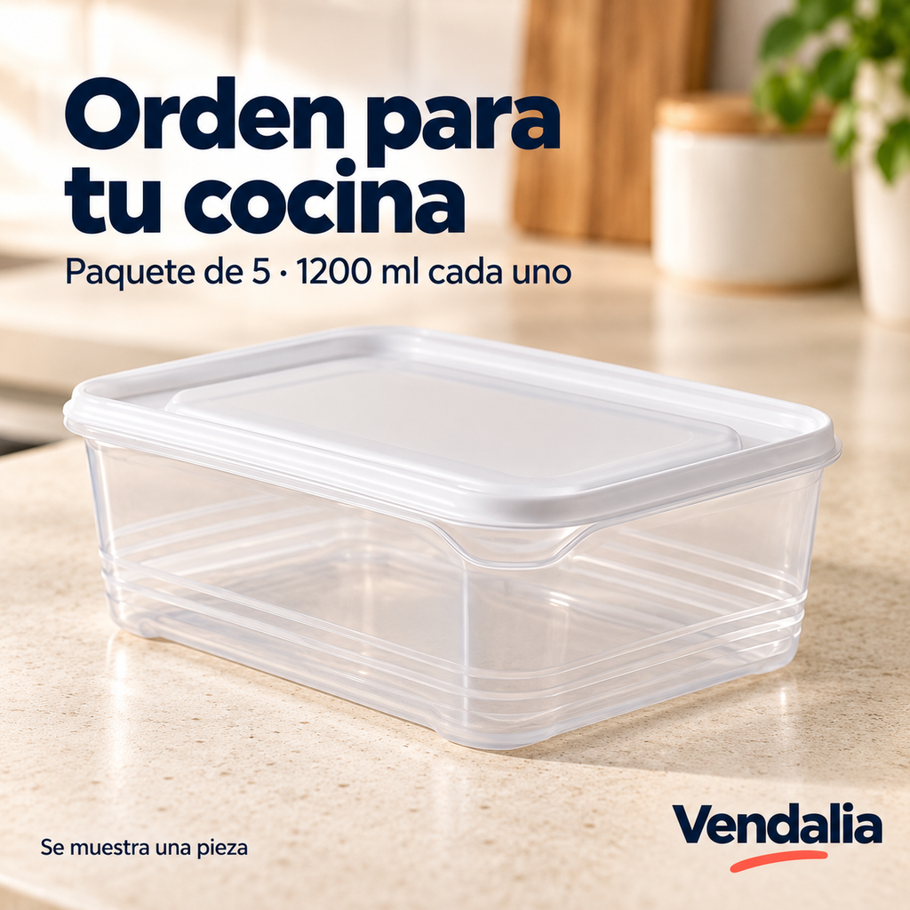 Contenedor Hermético para Alimentos, 1200 ml · Paquete de 5 piezas — portada Vendalia