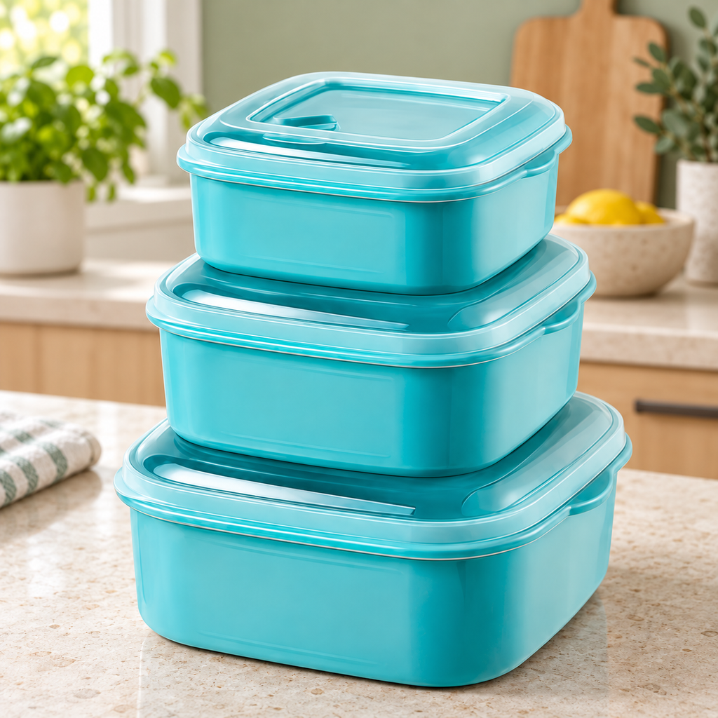 Set de Contenedores Herméticos Cuadrados para Alimentos (3 Piezas) en ambiente de hogar — Vendalia