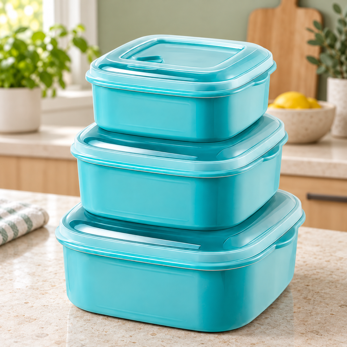 Set de Contenedores Herméticos Cuadrados para Alimentos (3 Piezas) en ambiente de hogar — Vendalia