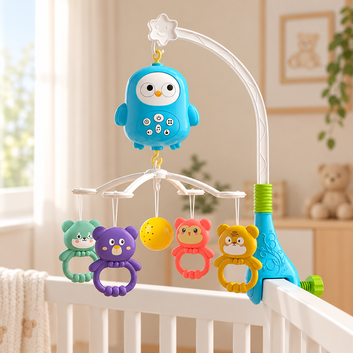 Móvil Musical para Bebé con Juguetes y Melodías en ambiente de hogar — Vendalia