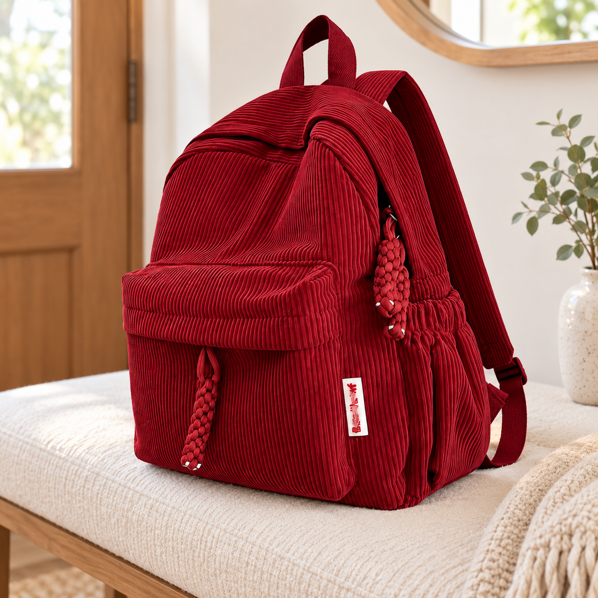 Mochila de Pana Casual con Bolsillo Frontal rojo en ambiente de hogar — Vendalia