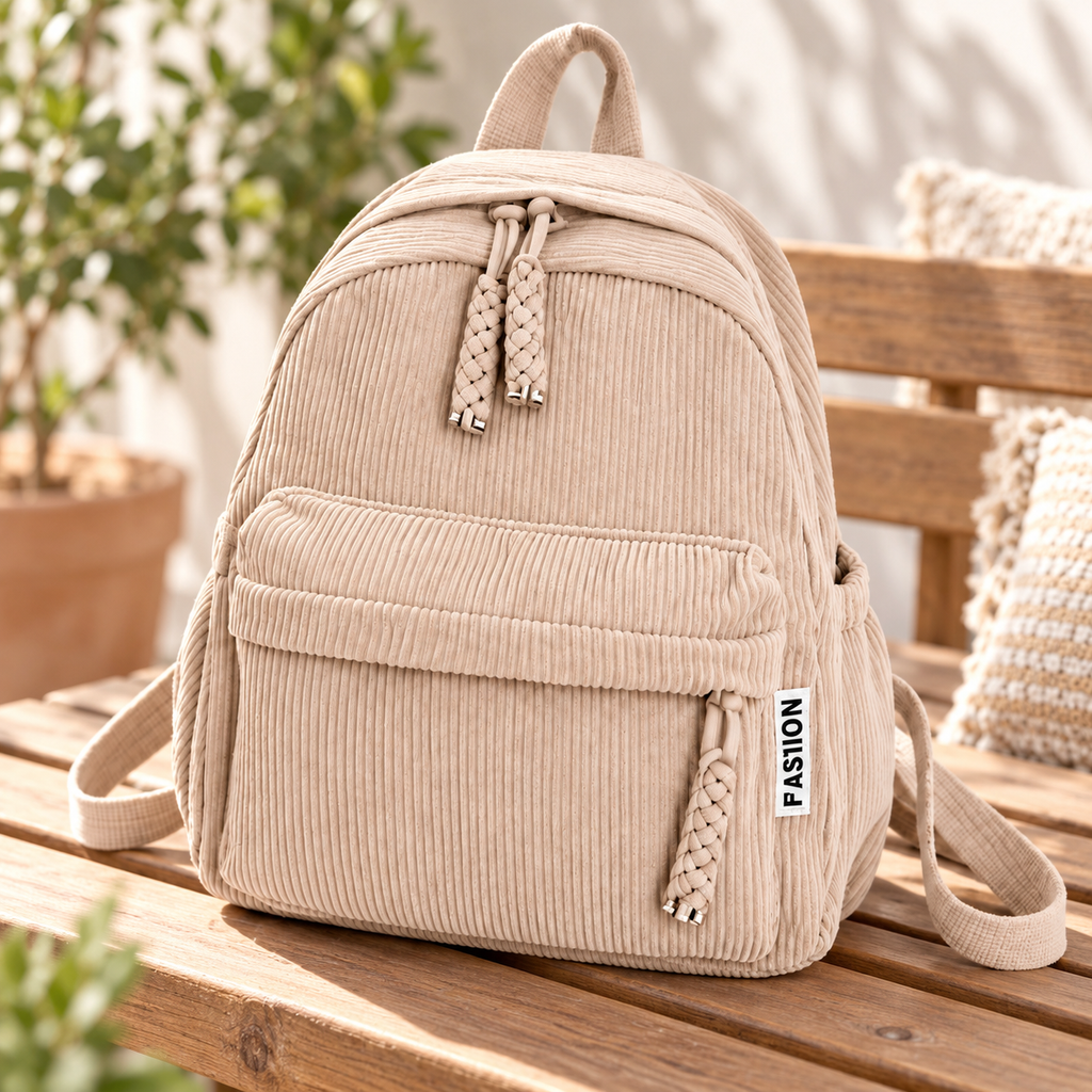 Mochila de pana con bolsillo frontal — Beige claro — SKU 53723